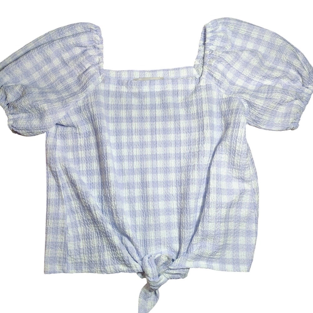 LOFT Women Square Neck Gingham Puff Sleeve Tie Front Top S farmhouse